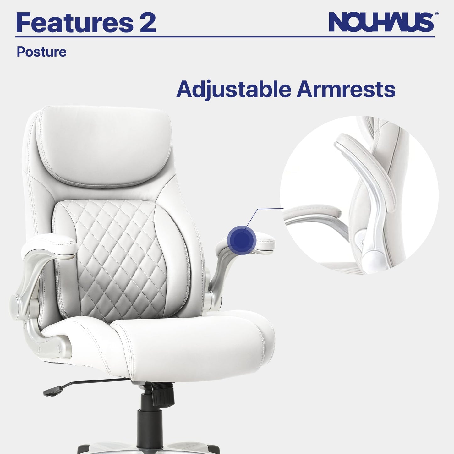 Nouhaus +Posture Ergonomic PU Leather Office Chair. Click5 Lumbar Support with FlipAdjust Armrests. Modern Executive Chair and Computer Desk Chair (White)