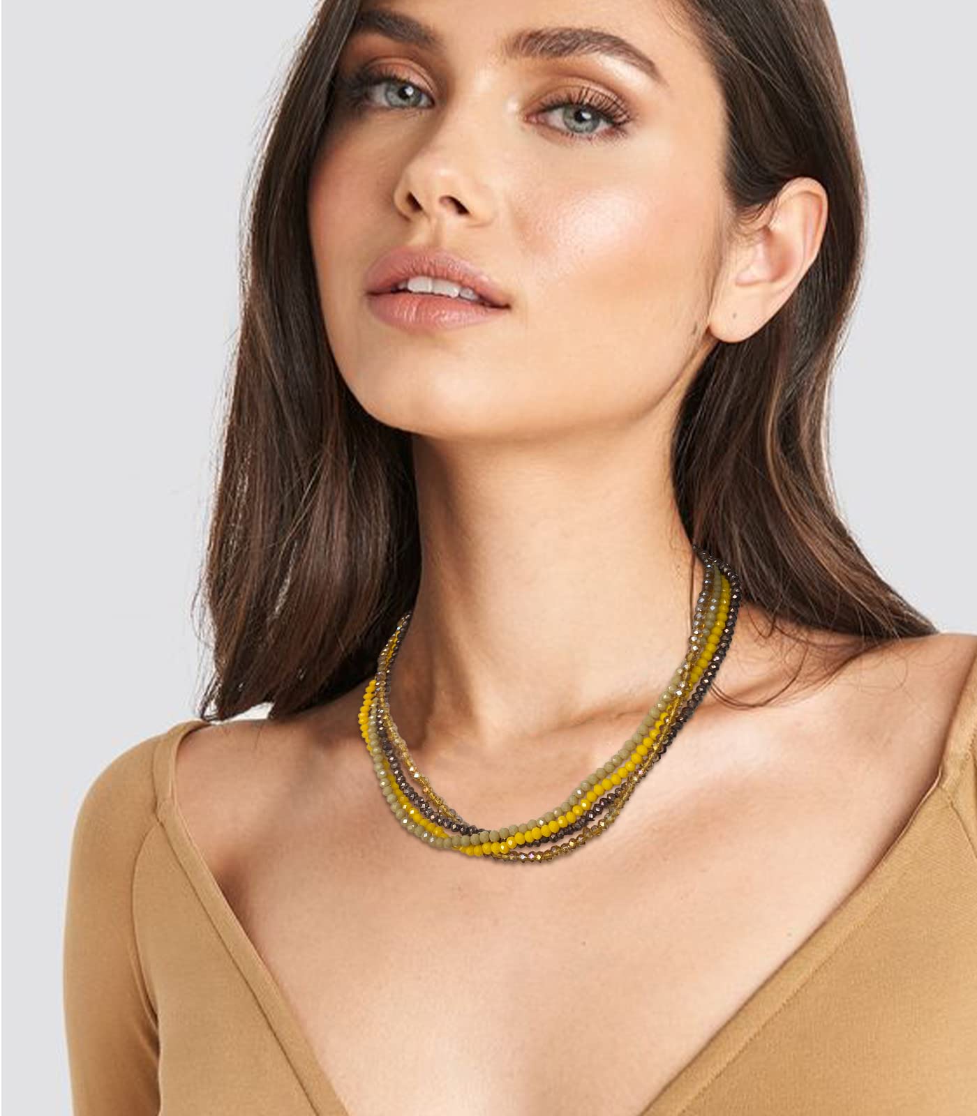 Noessla Multi-layer Crystals Beaded Choker Necklace for Women Colorful Boho Statement Necklace Trendy Costume Party Jewelry Mothers day Gifts for Mom(29-Yellow)