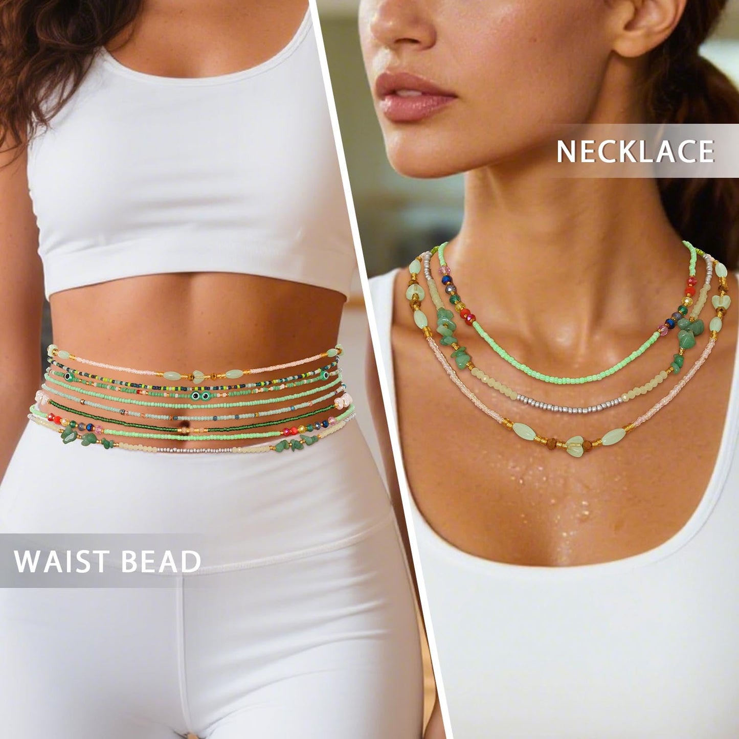 ELABEST Adjustable Handmade Waist Beads Stretchy 23-52 inch 8Pcs Chakra Body Belly Beaded Women Waist, Anklet, Bracelet, Necklace Jewelry with Screw clasp (Green, 39.3inch/100cm)