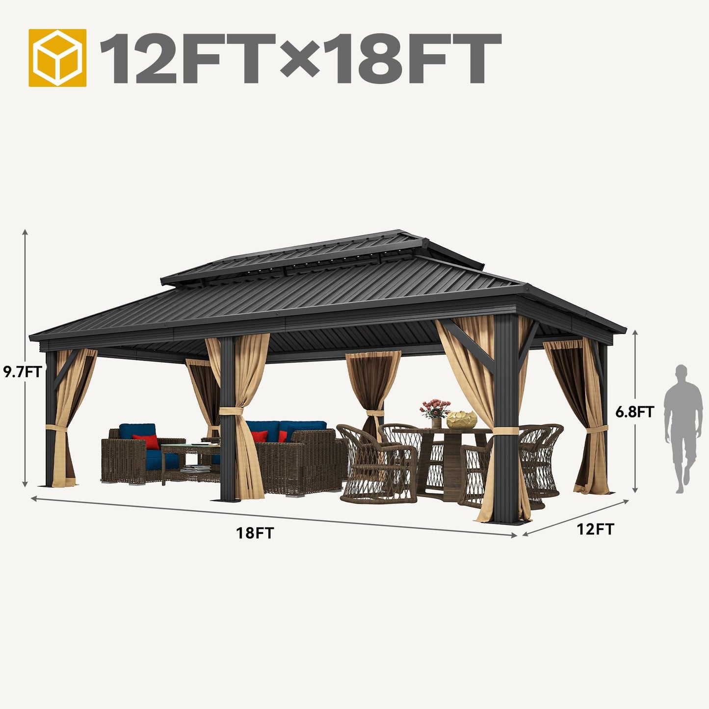 DWVO 12x18ft Hardtop Gazebo Double Roof with Nettings and Curtains, Heavy Duty Galvanized Steel Outdoor Vertical Stripes Roof for Patio, Backyard, Deck, Lawns, Brown