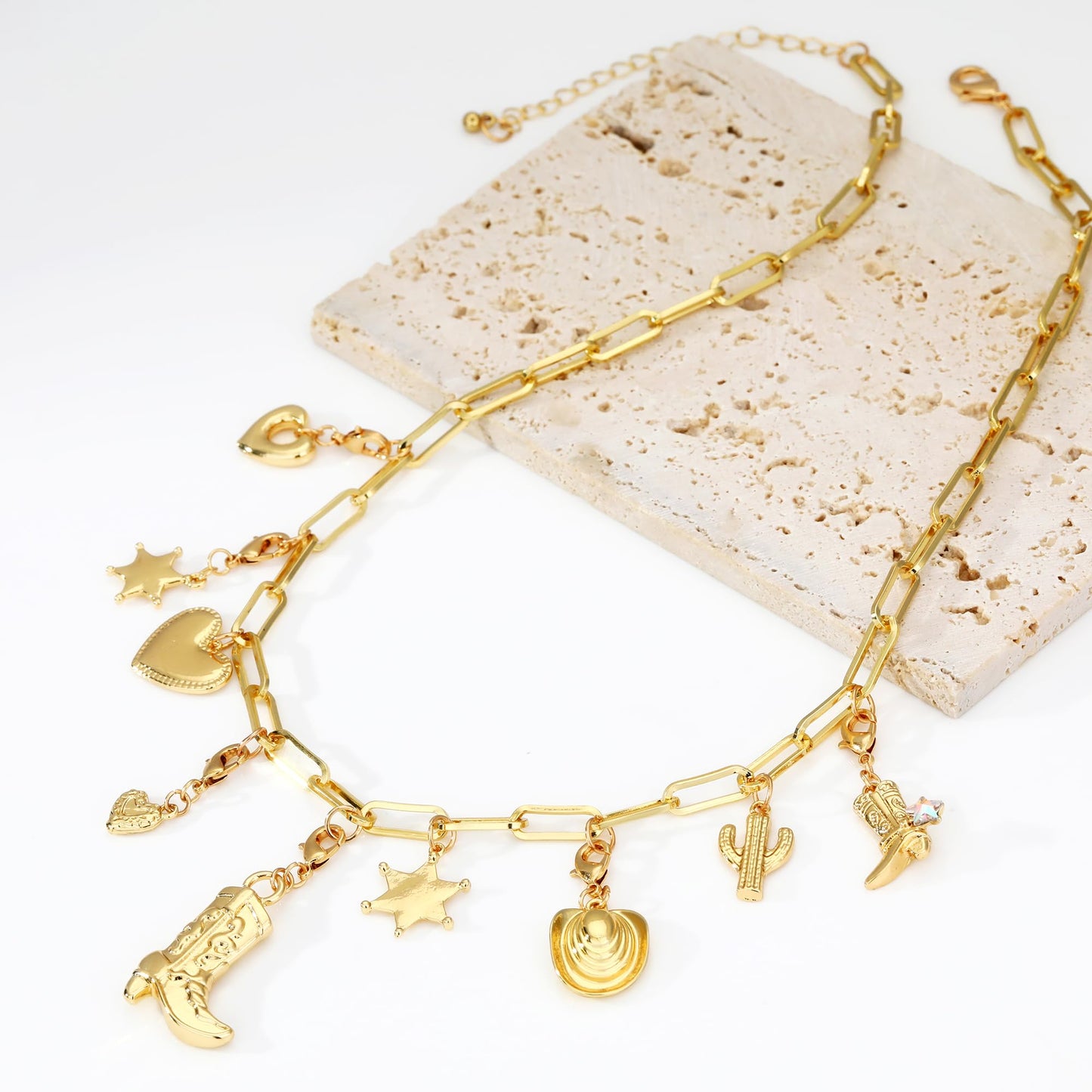 BONJOULRY Charm Necklace for Women Gold Western Coastal Cowgirl Cowboy Boot Heart Star Cactus Charms Chunky Paperclip Chain Statement DIY Choker Necklace Jewelry Gifts Boots