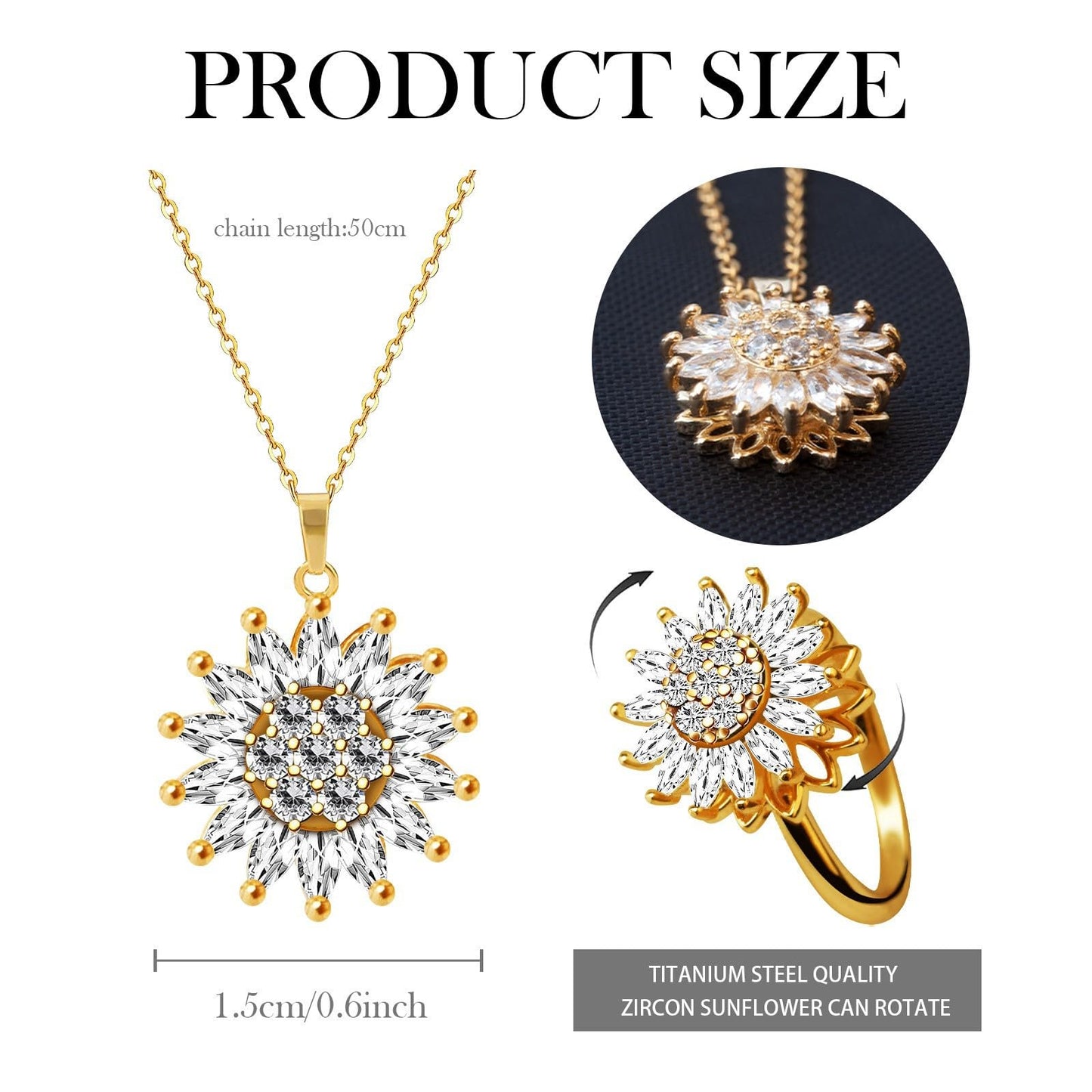 KONPJE Sunflower Fidget Necklace for Women Gold Moon Necklace Rotating Heart Necklaces Spinning Crystal Sunflower Anxiety Necklaces Crescent Moons Jewelry Accessories (Set2)
