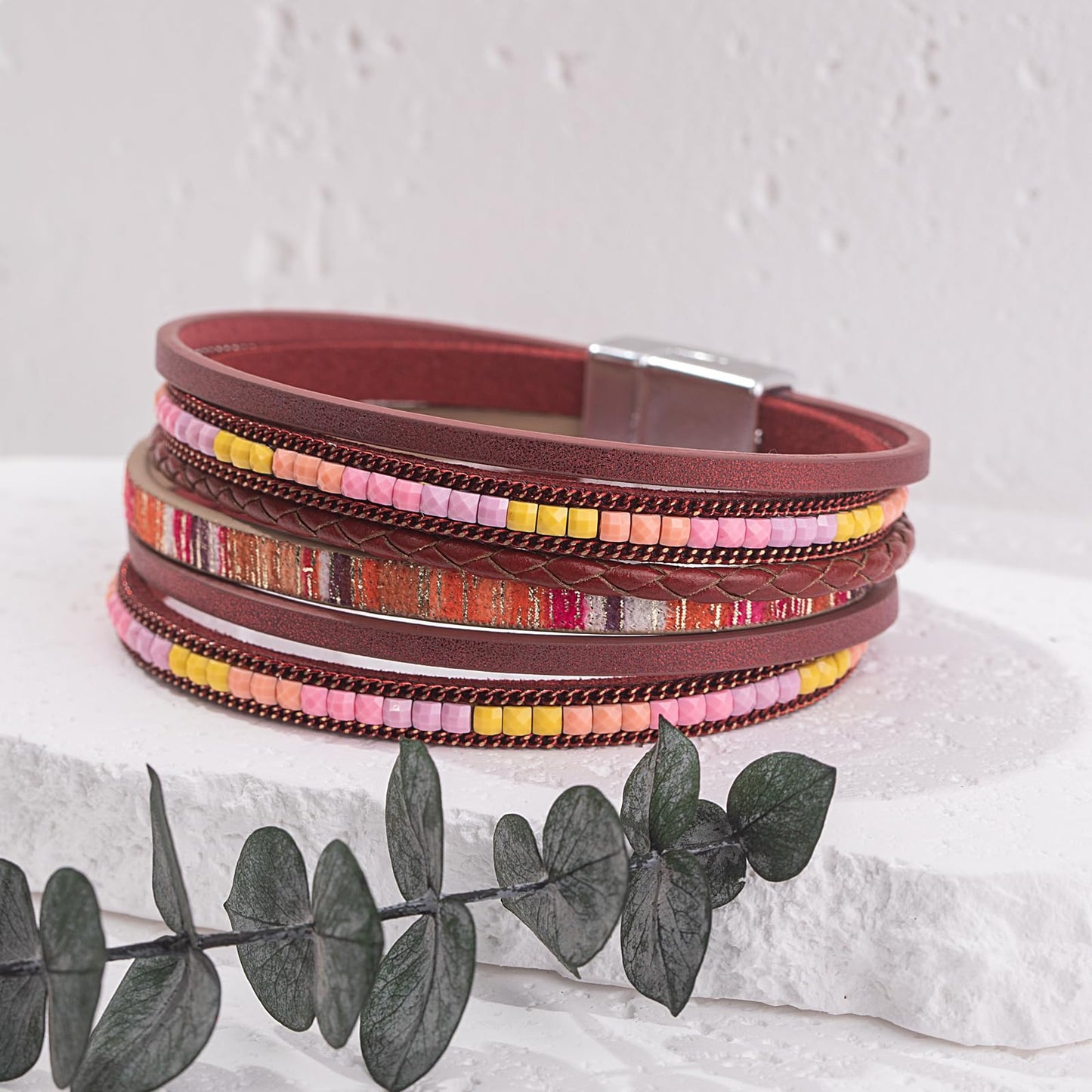 FANCY SHINY Boho Leather Wrap Bracelets Trendy Layered Bracelets with Magnetic Clasp Strackable Bohemian Cuff Jewelry Gifts for Women(Burgundy)