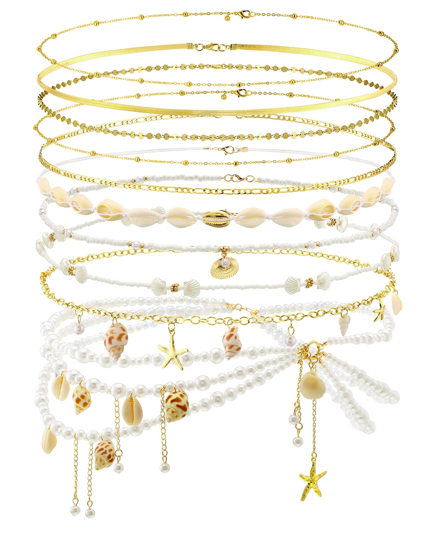 Lenwen 10 Pcs Boho Natural Starfish Shell Belly Chain for Women Summer Beach Seashell Waist Chain Multi Layered Body Pendant Jewelry for Summer Beach Vacation Bikini Jewelry Accessories