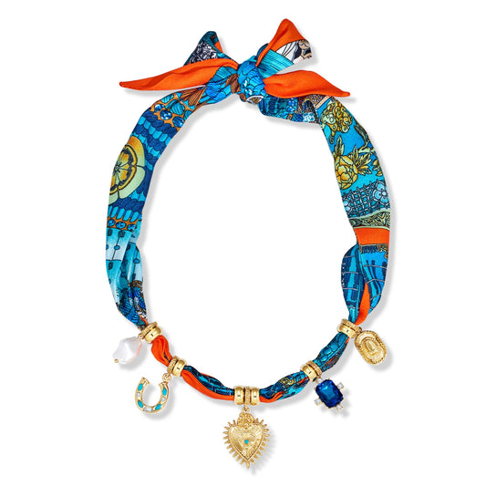 FAUTHENTICUTE Boho Scarf Necklace with Multi Heart Horseshoe Pearl Rhinestone Charms Summer Beach Statement Necklace for Women