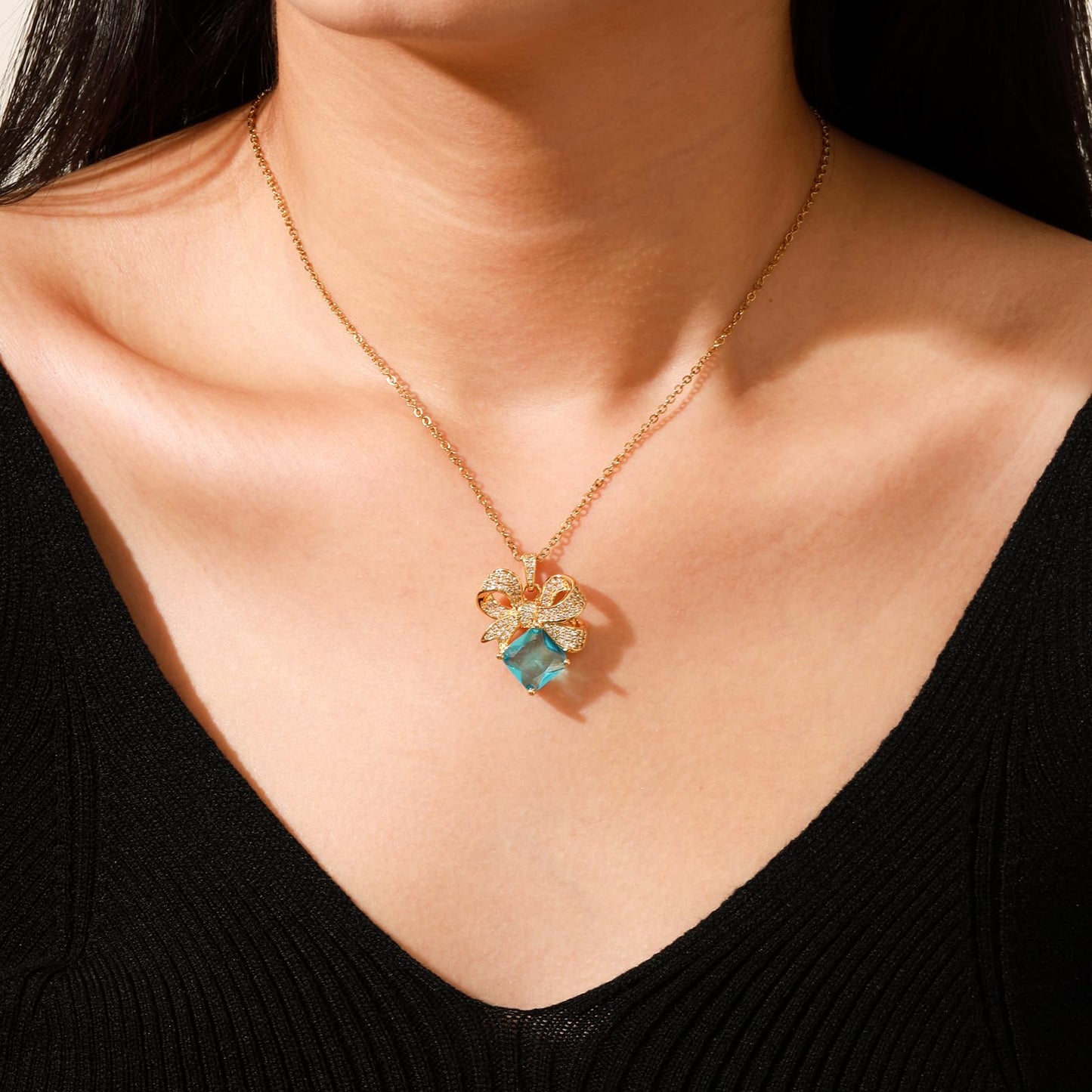 Blue Square March Birthstone Aquamarine Bow Necklace for Women-Gold Plated Healing Crystal Imitation Aquamarine Jewelry Waterproof Non Tarnish Jewelry For Birthday Valentines Day Mother's Day Christmas Thanksgiving Gifts