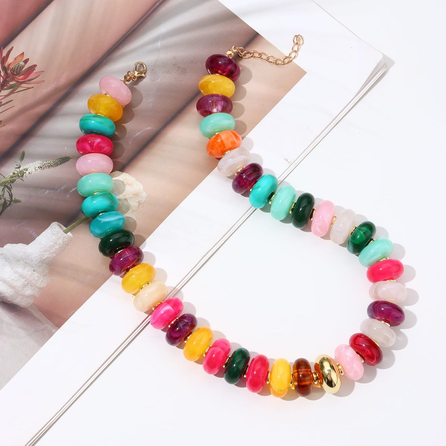 joymiao Colorful Beaded Necklace for Women Chunky Beaded Necklace Resin Yellow Mixed Beads Choker Rainbow Beads Necklaces Summer Beach Jewelry