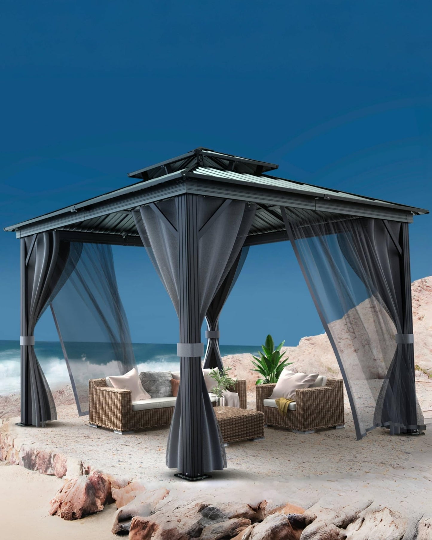 10'X10' Hardtop Gazebo, Galvanized Steel Aluminum Frame with Double Roof, Heavy-Duty Outdoor Patio Gazebo with Curtains & Netting for Backyard, Deck, Porch, Garden, Lawn, Grey