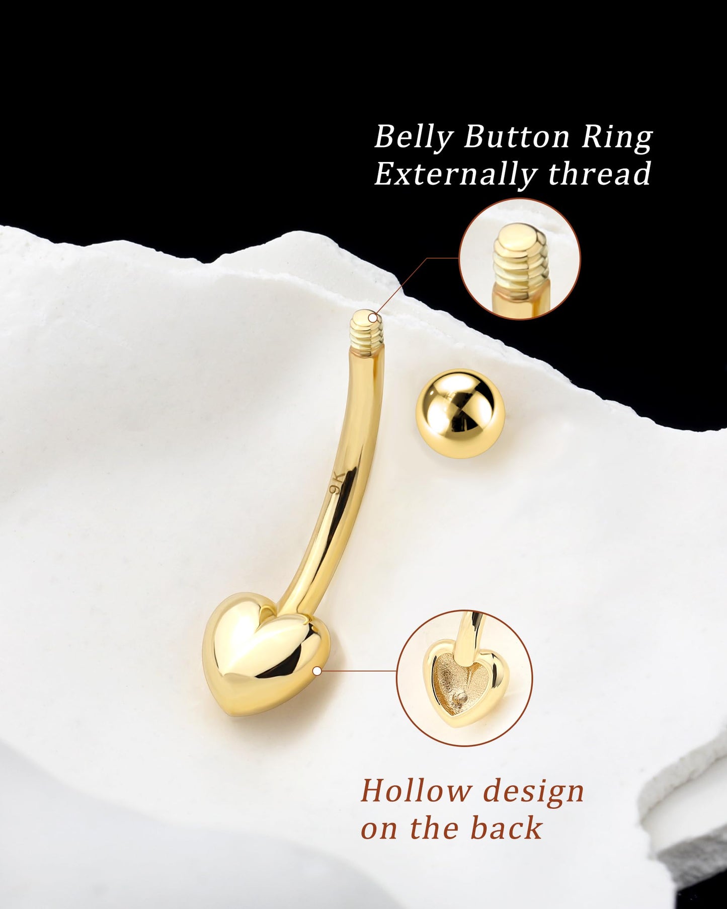Melighting 9K Solid Gold Belly Button Ring With Heart and Clear CZ - 14G Navel Piercing Jewelry for Women