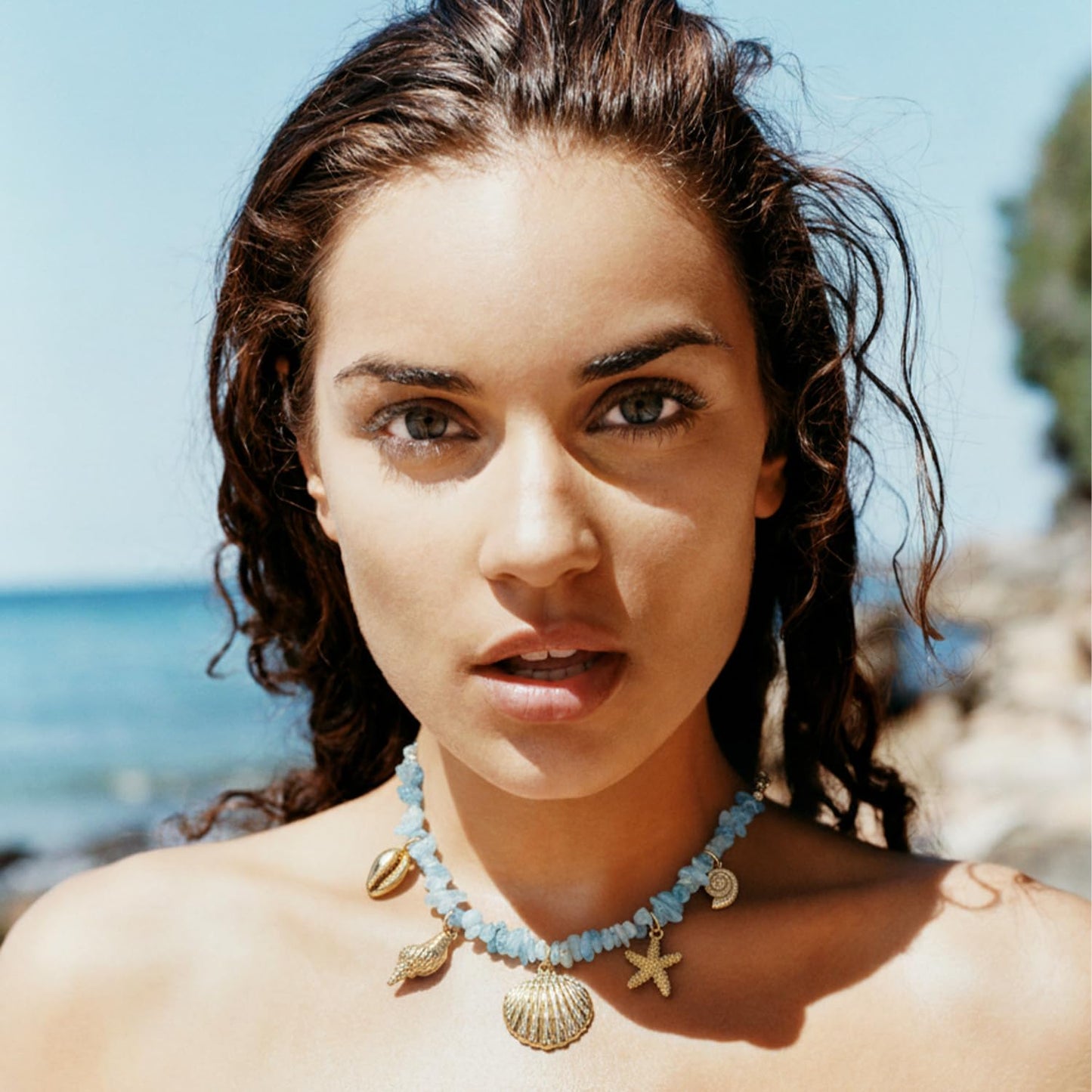 MERGEWORLD Dainty Gold Sea shell Necklace For Women – Ocean Charm Jewelry for Women, Delicate Starfish Beach Necklace with Sea Blue Natural Stone, Elegant Beach Gifts & Everyday Gold Chain