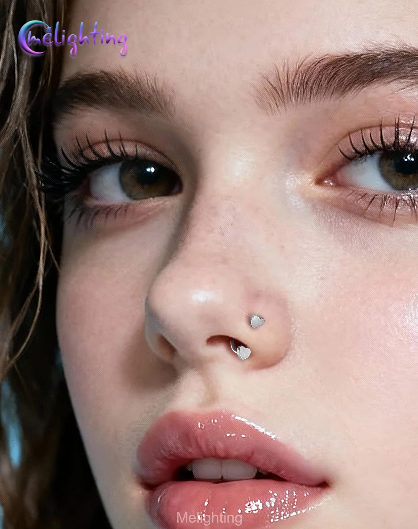 Melighting 20G Horseshoe Nose Rings Hoop, Threadless Nose Piercing with Piercing Taper Ball Grabber Tool 316L Stainless Steel, Heart Septum Lip Helix Rook Piercing Jewelry for Women 7 mm