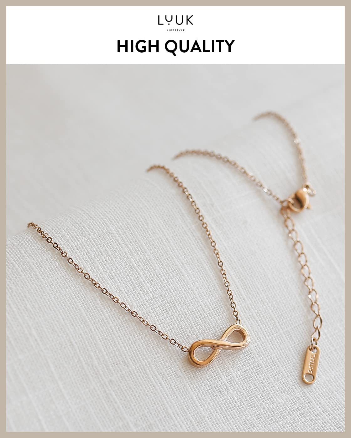 LUUK LIFESTYLE Filigree necklace in fine design with eternal love pendant and HAPPINESS gift card, 19” chain length, stainless steel, jewel to offer, trendy gift idea for women and teenager, rose gold