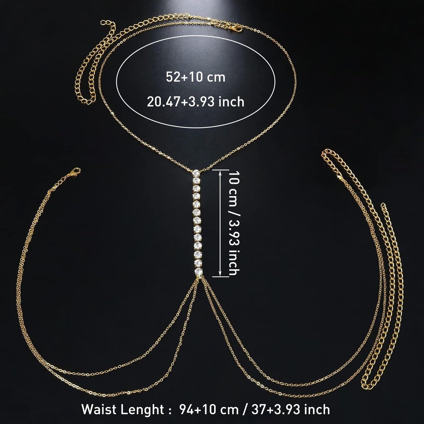 14K Gold Plated Body Chains for Women, Sexy Layered Belly Waist Chain Crossover Bikini Bra Chain, Summer Beach Rhinestone Body Jewelry(10 Imitation Diamonds)