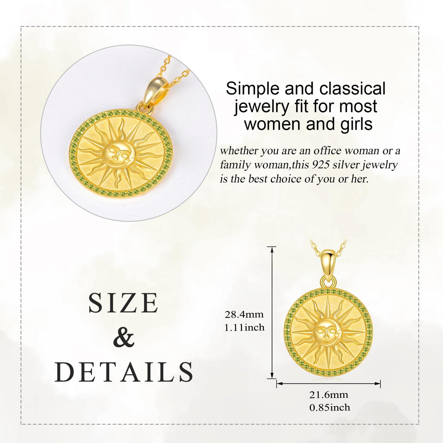 KQF Sun Coin Necklaces for Women Birthstone Jewelry Gift Sterling Silver Sun 18K Gold Plated Pendant August Jewelry Gift for Mom