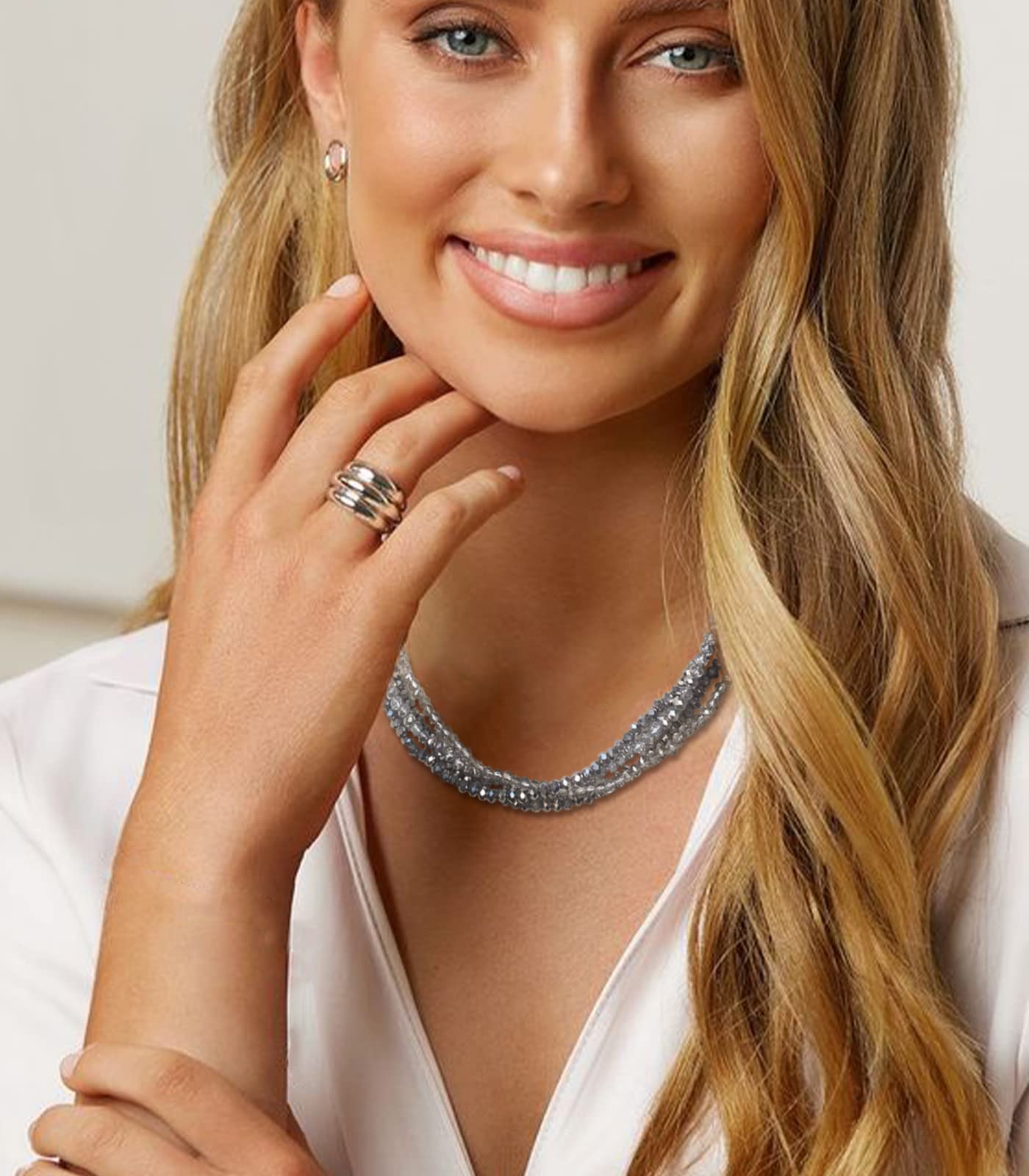 Noessla Multi-layer Crystals Beaded Choker Necklace for Women Colorful Boho Statement Necklace Trendy Costume Party Jewelry Mothers day Gifts for Mom(29-Silver)