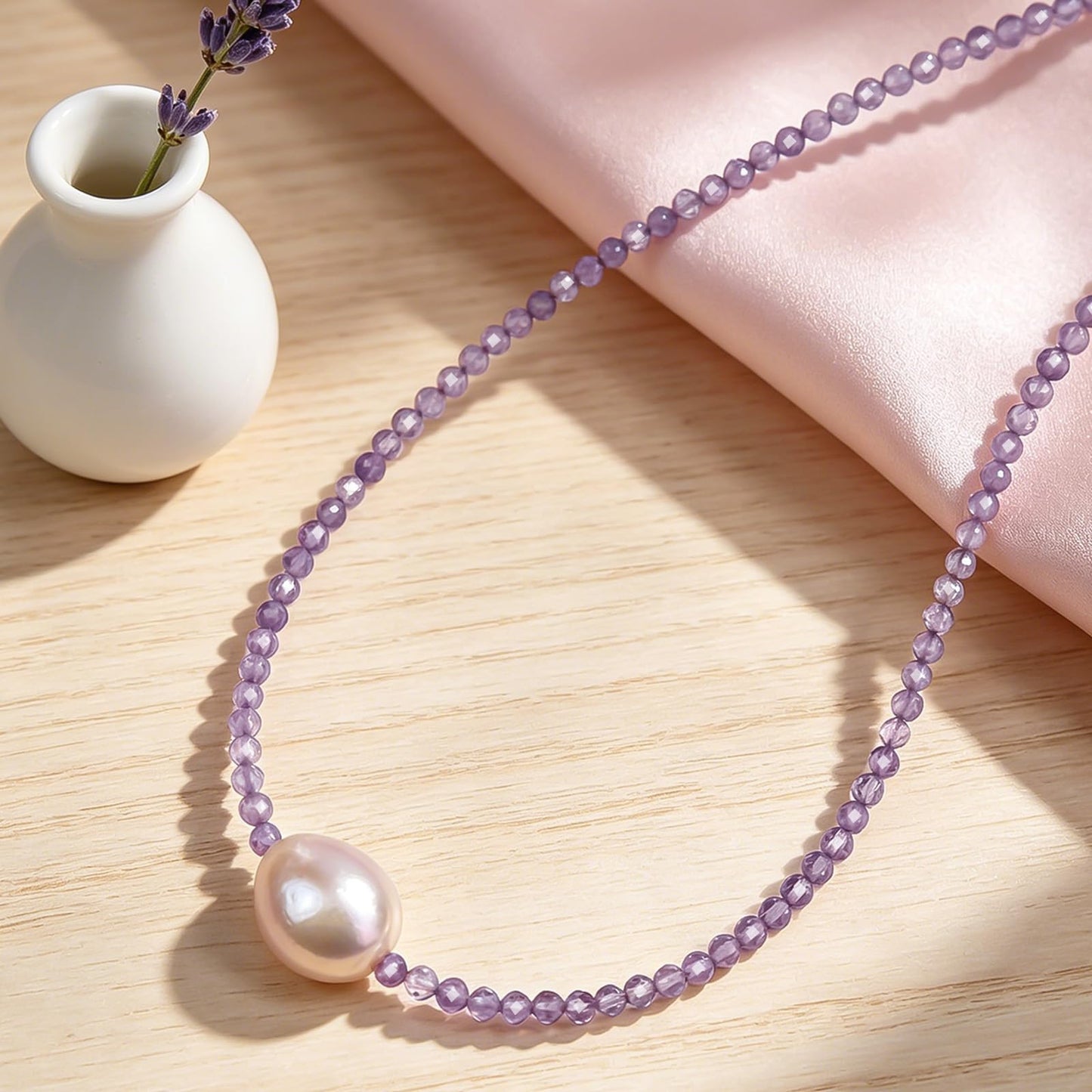 GEMTAL Single Pearl Pendant Necklaces for Women, Natural Gemstone Women Amethyst Beaded Choker Necklace, Dainty Freshwater Pearl Handmade Jewelry Gift Birthday Valentines Day Anniversary(Amethyst, 16")