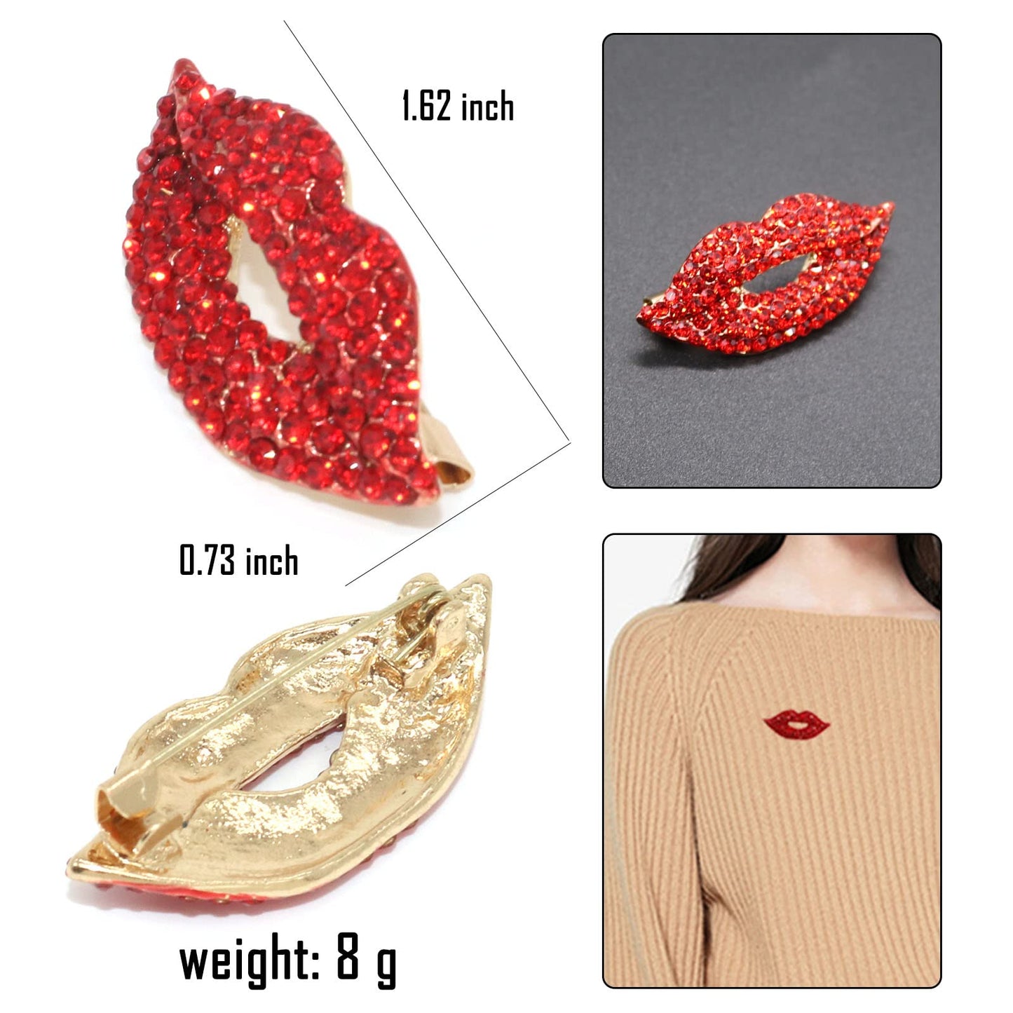 Red Crystal Lip Brooch Fashion Elegant Rhinestone Wedding Party Brooches Pin Jewelry Accessories Valentines Gift for Women Girl Gold Plated