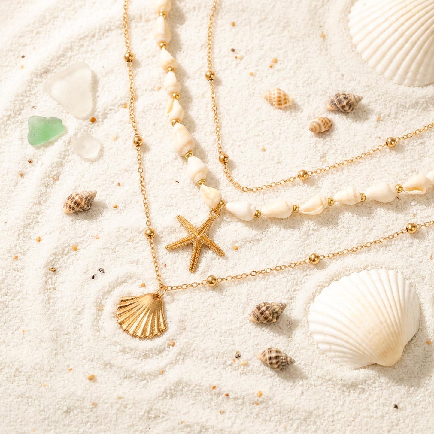 RAHHLIZS 3PCS Starfish Necklace for Women Layered Gold Shell Necklace Beach Jewelry Charm Summer Vacation Gifts