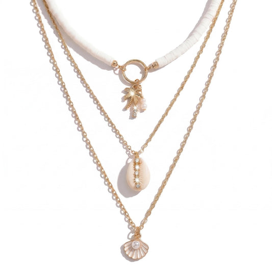 ANDKISS Shell Necklace Gold Layered SeaShell Starfish Pendant Shell Choker Necklace for Women Beaded Chain Charm Necklaces Summer Beach Jewelry