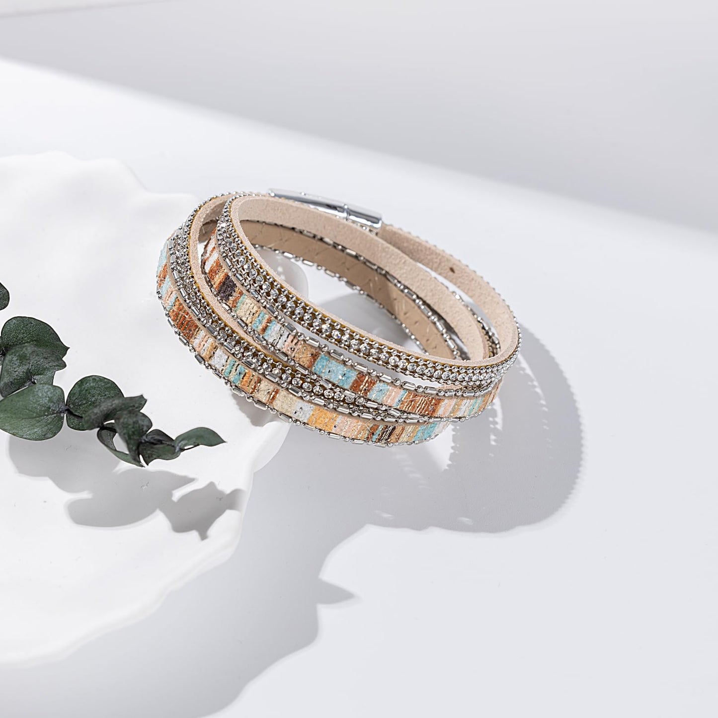 FANCY SHINY Boho Leather Wrap Bracelet Stackable Crystal Rhinestone Bangle Cuff with Magnetic Clasp Trendy Bohemian Jewelry for Women(Beige)