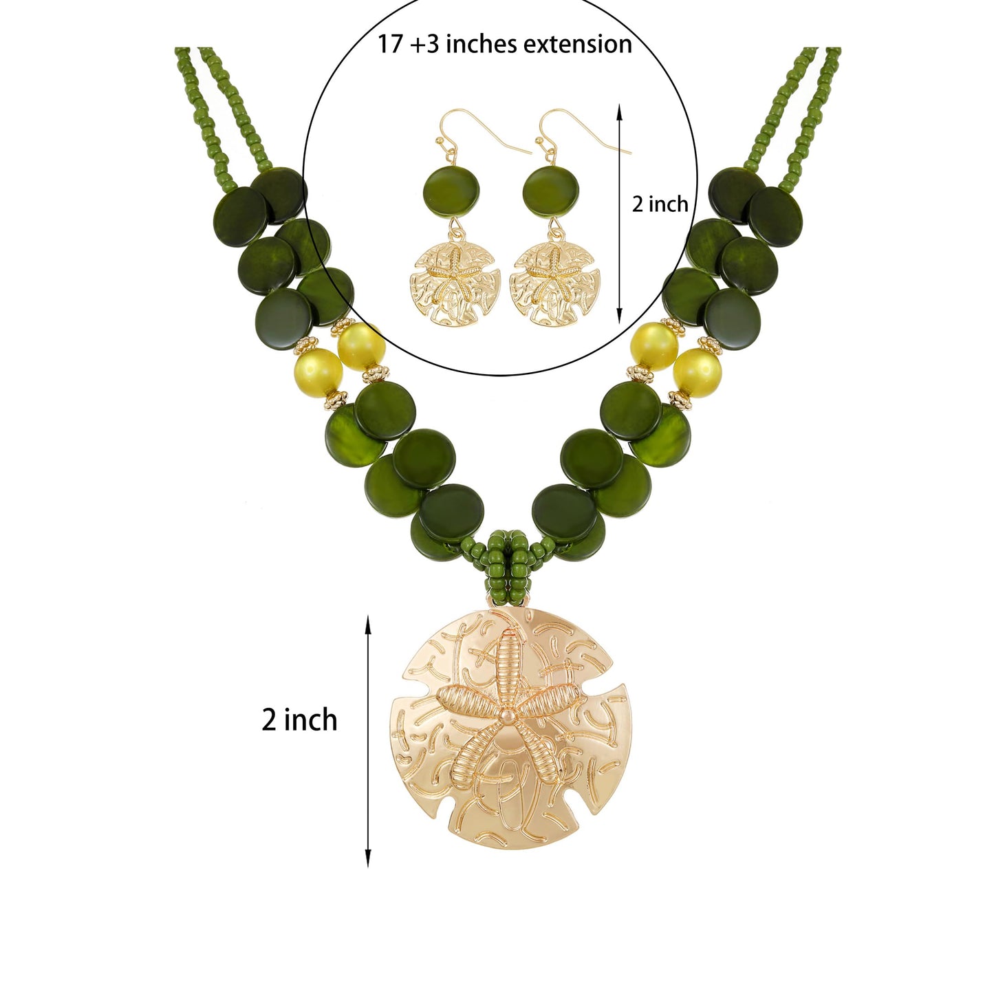 Perla Boho Starfish Necklace for Women, Chunky Layered Shell Beads Choker Necklace and Earrings Set, Ocean-Themed Summer Beach Jewelry (Olive green)
