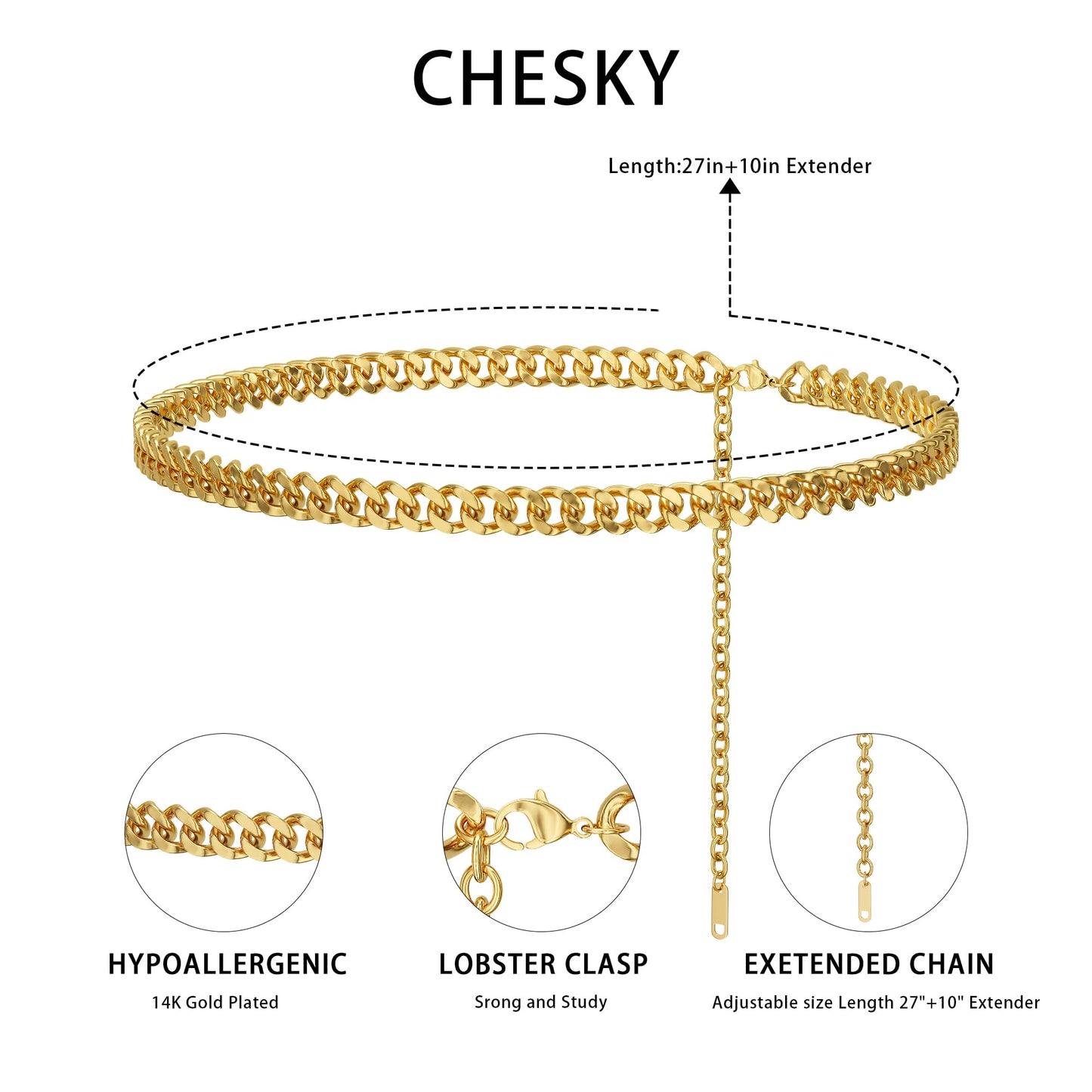 CHESKY Waist Chain for Women, Dainty 14K Gold Plated Body Chains Jewelry for Womens Waterproof Belly Chain Cute Gold Cuban Chain Belt Gold Fall Jewelry for Women Gifts