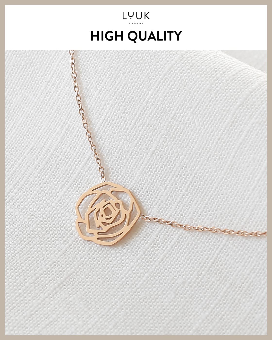 LUUK LIFESTYLE Stainless steel necklace for women with rose flower pendant and HAPPINESS gift card, trendy chic style, modern and minimalist fashion accessory for her, birthday present, gold