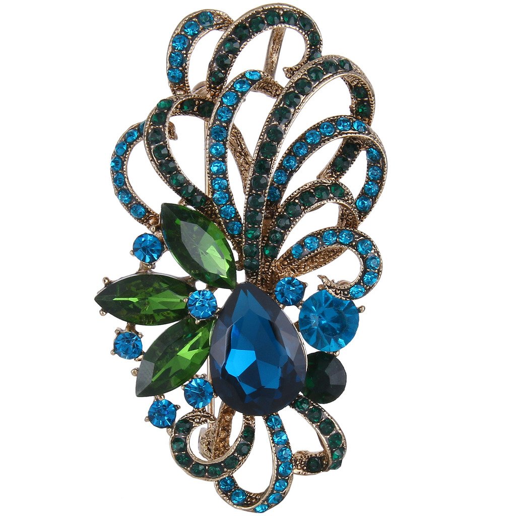 EVER FAITH Antique Gold-Tone Austrian Crystal Flower Ribbon Teardrop Brooch Pendant Blue