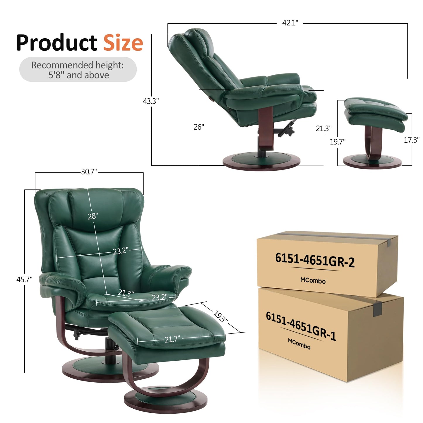 MCombo Oversized Swivel Recliner Chair with Ottoman, Adjustable Backrest, 360° Wood Base, High Seat, Faux Leather Lounge Chair for Tall Users in Living Room, Bedroom, or Office 4651 (Green)