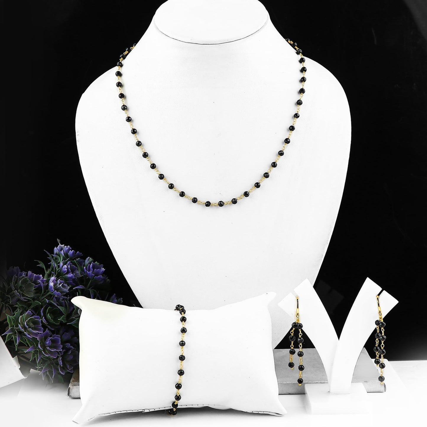 CRYSTALINES (3pcs) Natural Black Tourmaline Gemstone Cluster Jewelry Combo Set, 14K Gold Plated, Crystals Beads Rosary Chain, Handmade Bohemian Jewelry - Bracelets, Necklace, Earrings for Women