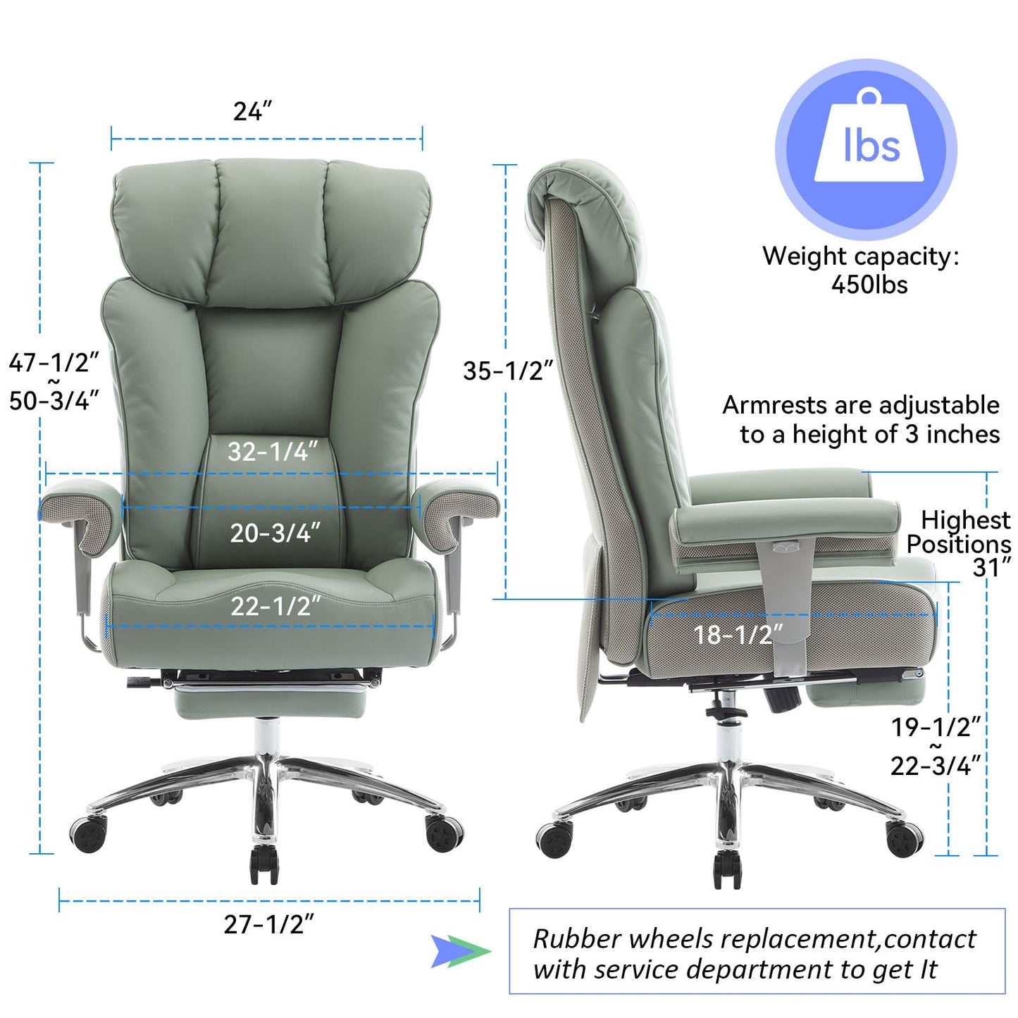 Efomao Big and Tall Office Chair 400lbs - Heavy Duty Executive Desk Chair with Foot Rest & 23" Wide Seat - High Back Ergonomic Leather Computer Chair for Heavy People, Home Office, Green