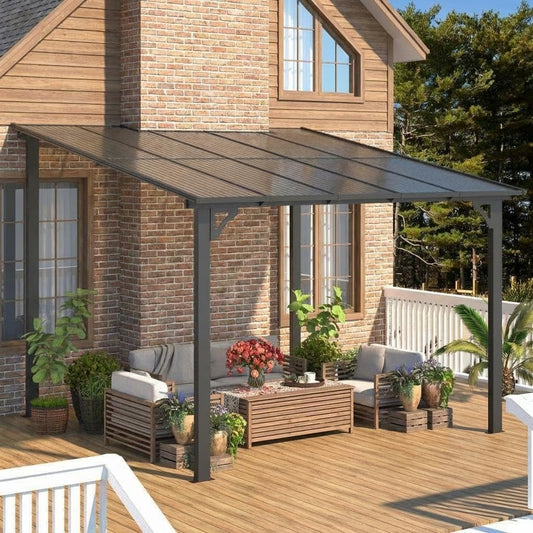 10'X12' Hardtop Wall Mounted Gazebo with Gutters & Galvanized Steel Roof, 60MPH Wind Resistance, Lean to Gazebo Pergola with Sloped Roof for Deck, Porch, Backyard and More, Black