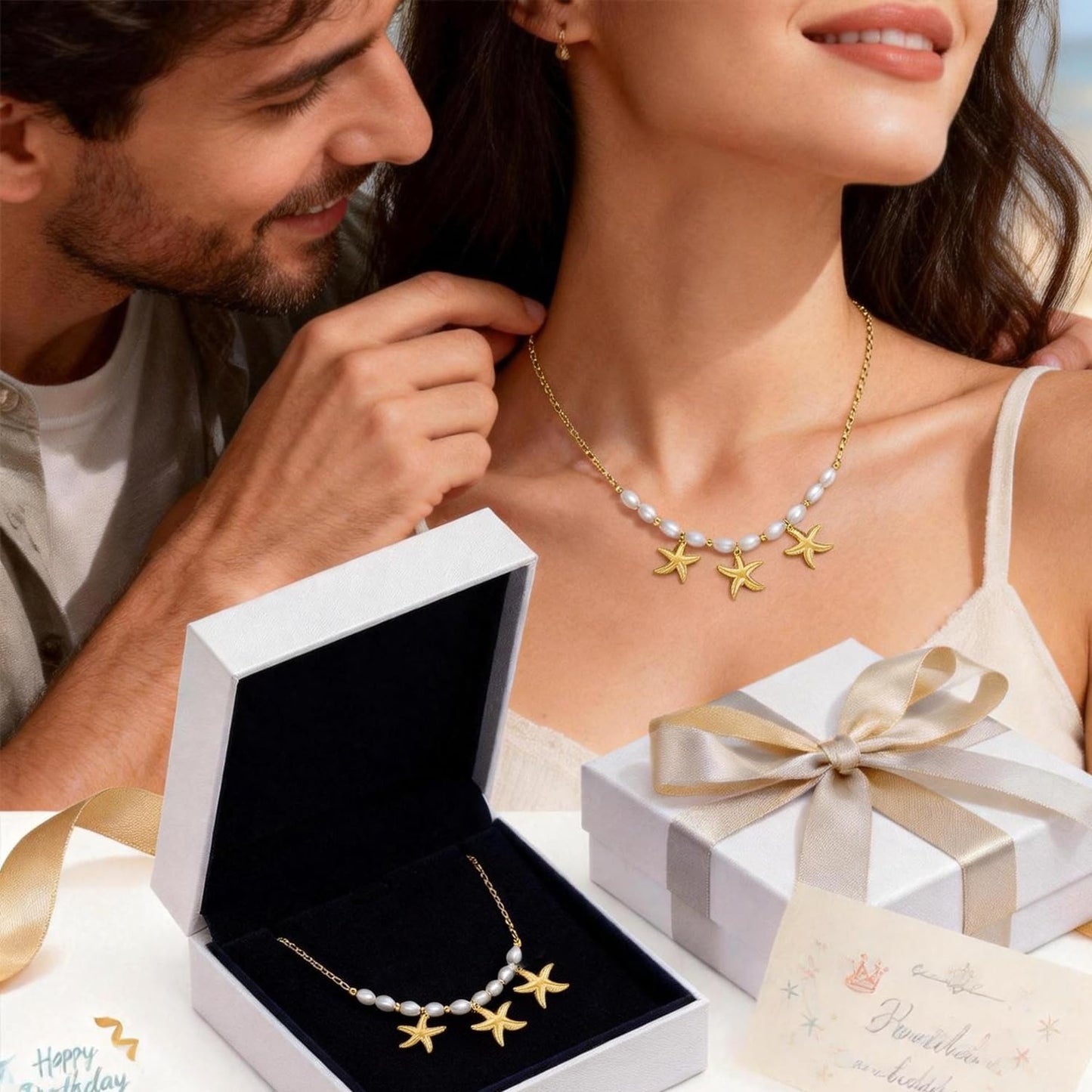 Starfish Necklace for Women: 14K Gold Plated 3-Piece Pendant with 10 Simulated Pearls on Stainless Steel Chain | Cute Boho Beach Jewelry Gift for Summer (Gold)