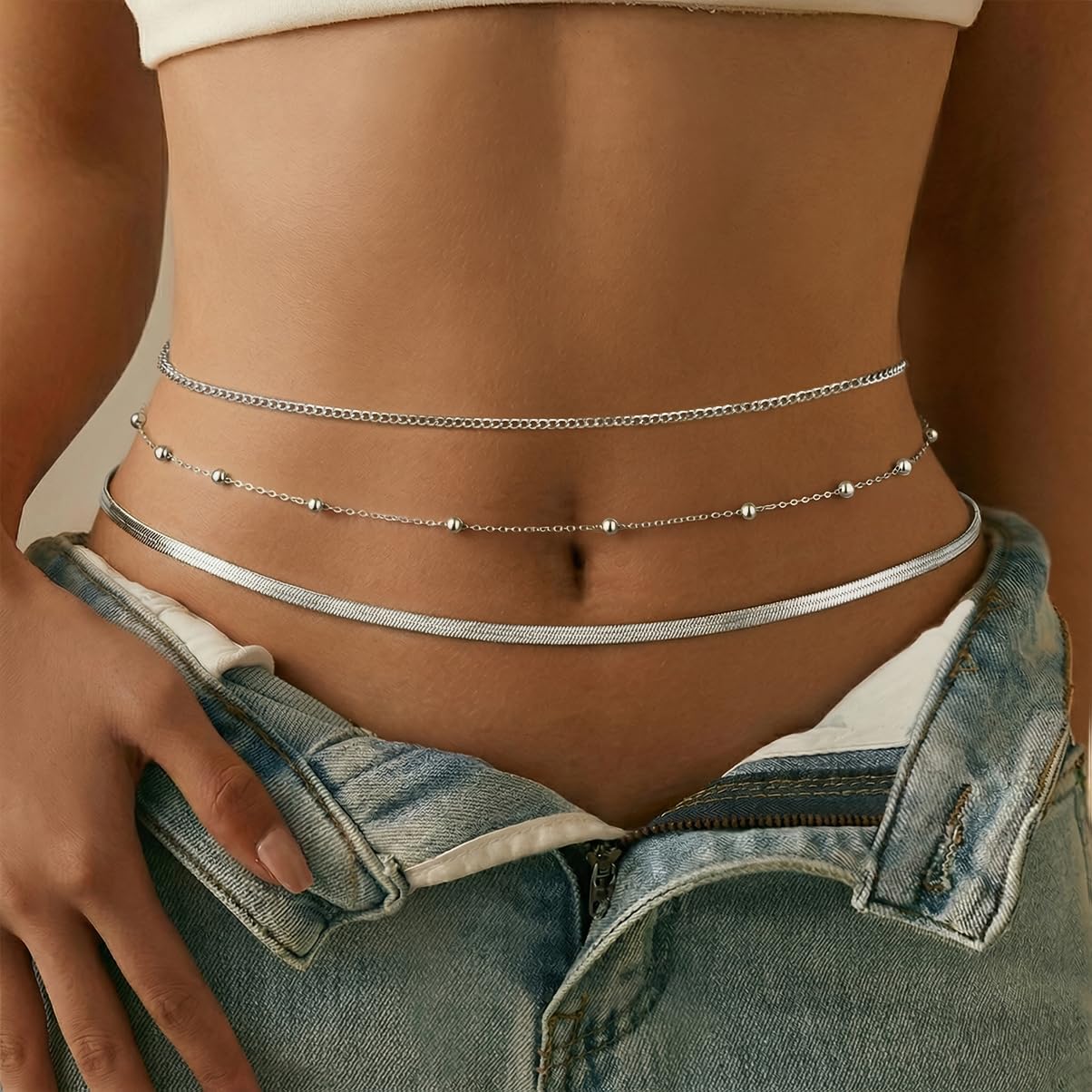 HERSIN Waist Chain for Women, 3 Pairs Silver Plated Layered Belly Belt Chains Beach Waist Beads Chain Waterproof Herringbone Snake Body Chain Summer Jewelry Accessories for Women