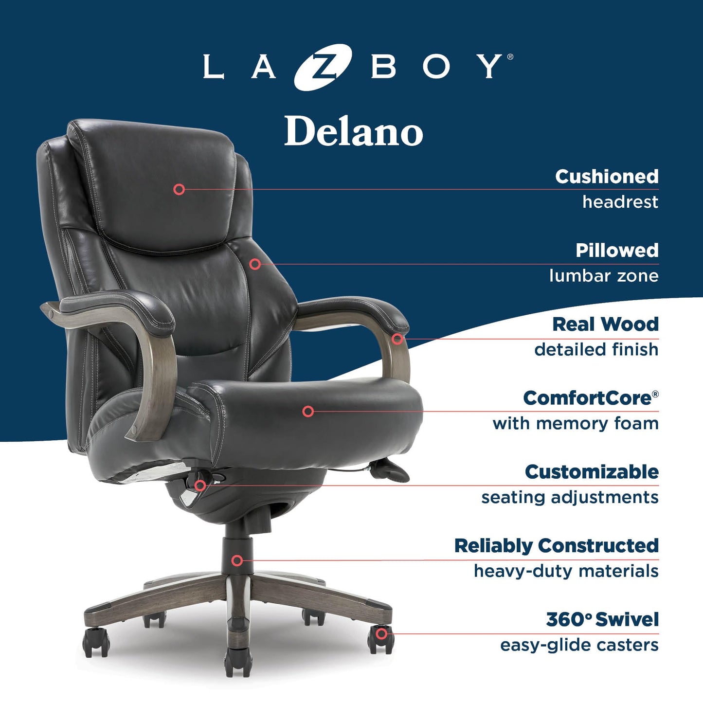 La-Z-Boy Delano Big and Tall Executive Office Chair - Ergonomic Lumbar Support Memory Foam - Bonded Leather Desk Chair for Home Office - Weathered Grey Wood Arms - Black