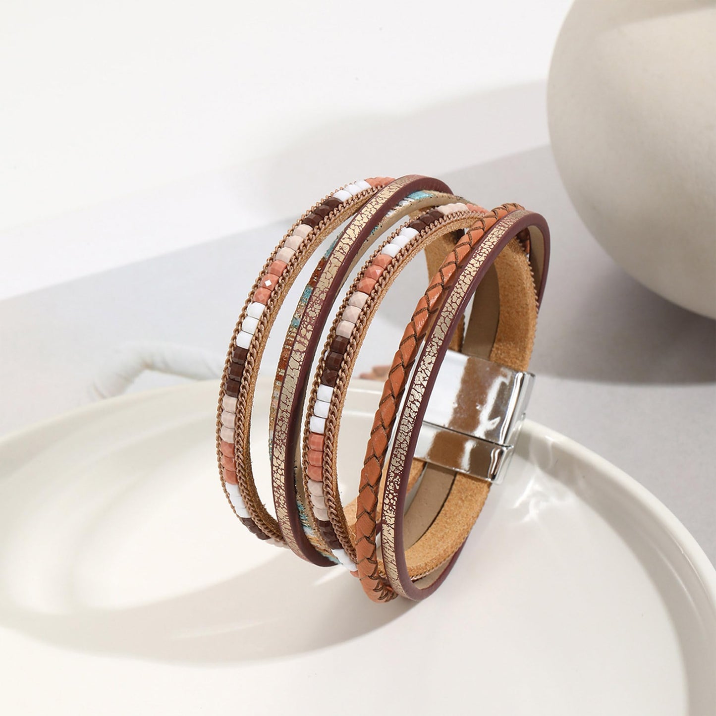 VIBILIA Boho Leather Wrap Bracelets for Women Trendy Layered Multi-Layer Bracelets with Strong Clasp Jewelry for Women-Khaki