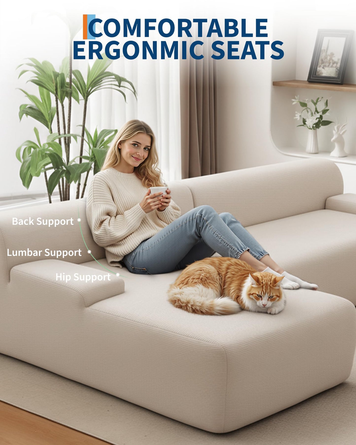 MilleLoom 108" Sectional Couches for Living Room, Modular Sectional Sofa with L-Shape Chaise,Ultra Soft Corduroy L Shaped Couch Bed,Perfect Comfy Couches for Living Room, No Assembly Required, Beige