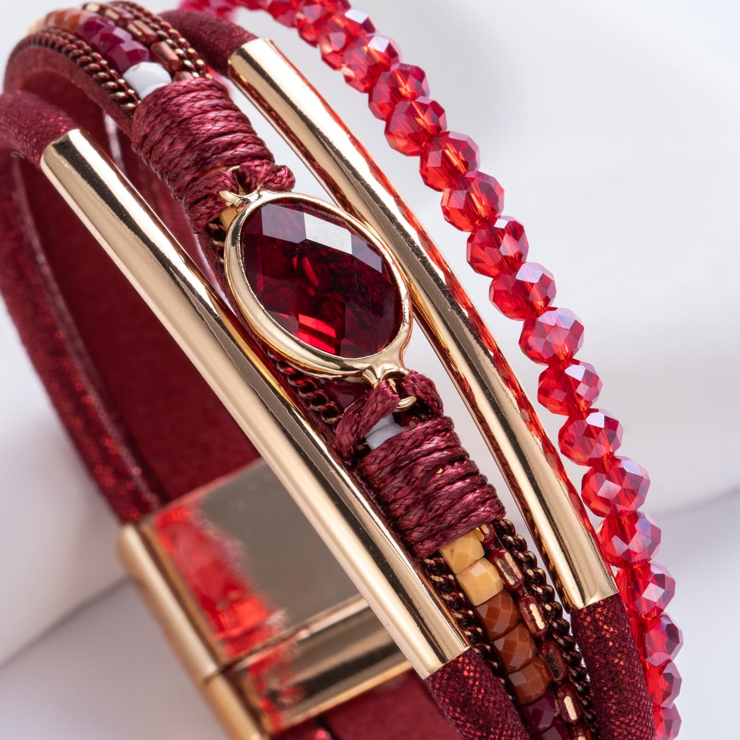 FANCY SHINY Leather Wrap Bracelets Crystal Beads Bracelet Boho Cuff Stone Charm Bracelets with Clasp Costume Jewelry for Women(Burgundy)