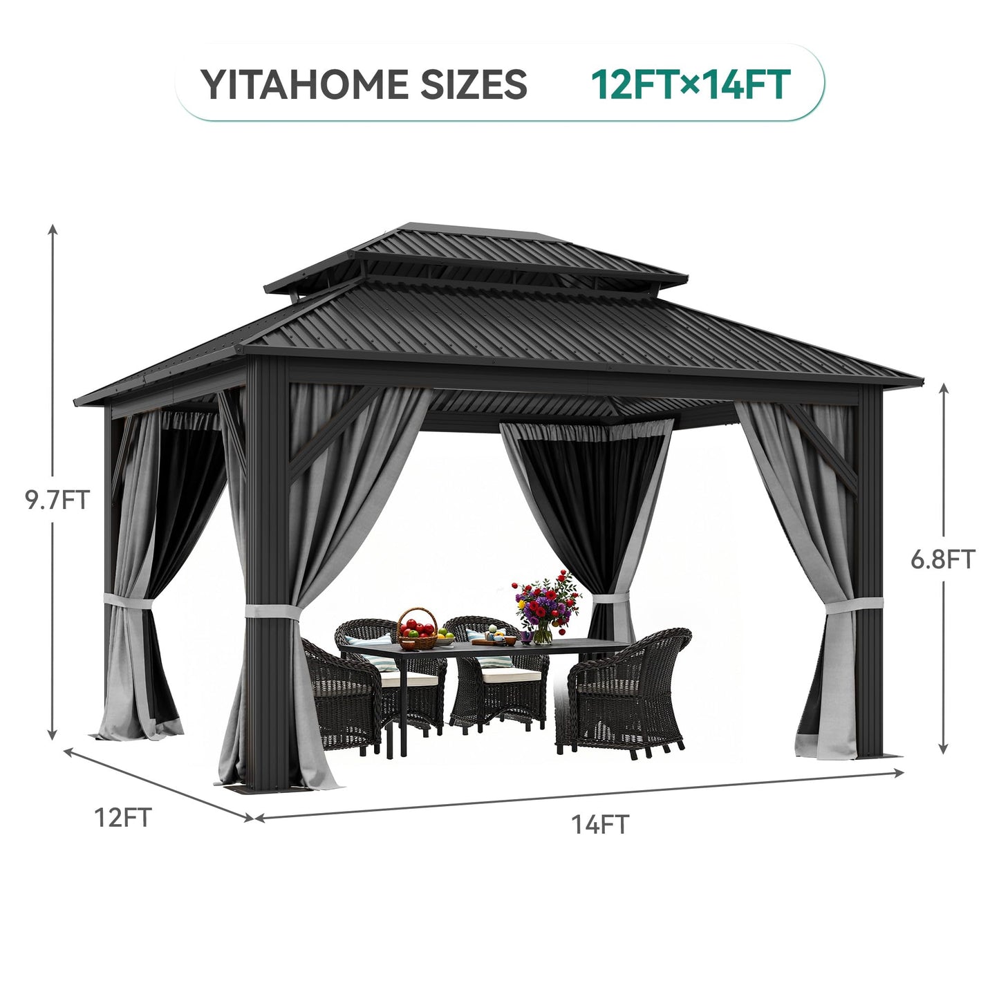 YITAHOME 12x14ft Hardtop Gazebo Outdoors with Nettings and Curtains, Heavy Duty Double Roof Galvanized Steel Outdoor Double Roof for Patio, Backyard, Deck, Lawns, Gray