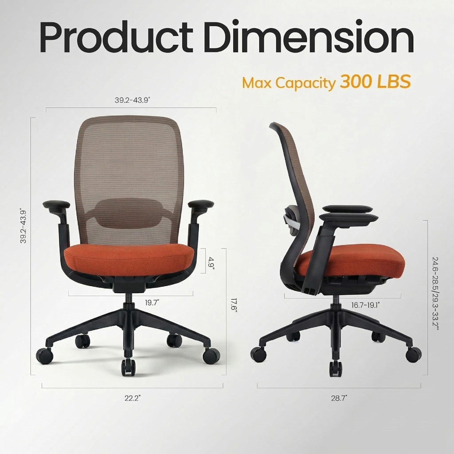 COLAMY Aether Executive Office Chair for Long Hours, One-Touch Easy Adjust Managerial Desk Chair with Levitating Seat Cushion & Pilot-Level Sync Armrests, 300 LBS Mid Back Mesh Computer Chair,Orange