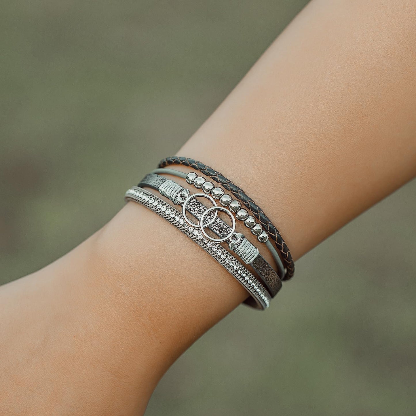 FANCY SHINY Boho Leather Wrap Bracelet Stackable Beaded Infinity Chunky Cuff Bracelets with Magnetic Clasp Western Hippie Outfits Jewelry Gifts for Women(Grey)