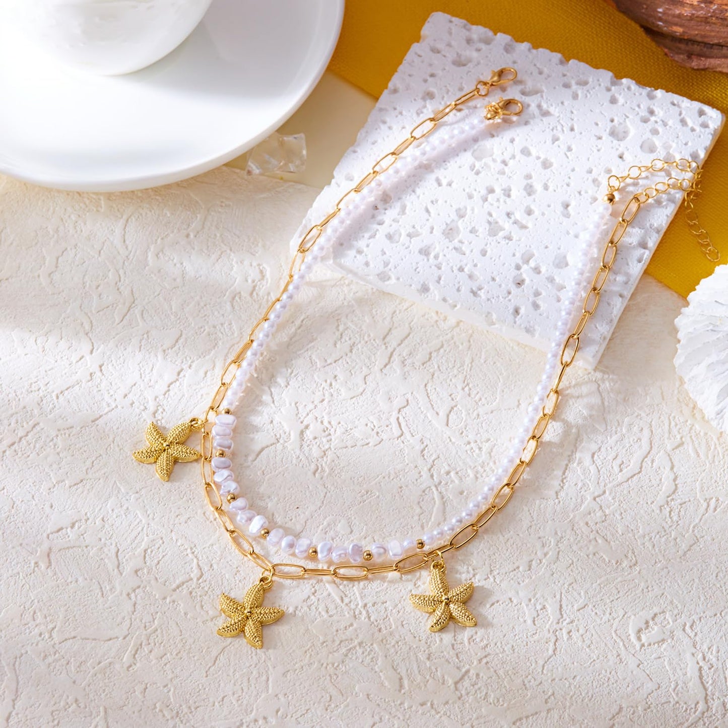 ANGLEQUEEN Gold Starfish Mermaid Necklaces Layered Pearl Starfish Shell Necklaces for Women Gold Pearl Choker Necklace Hawaiian Beach Surf Jewelry, Mermaid Costume Accessories B