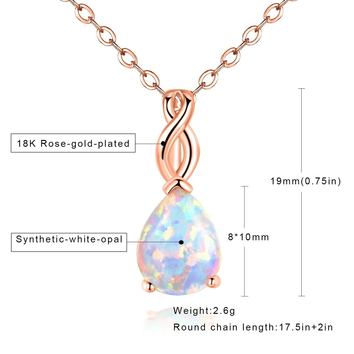 VOLUKA Teardrop White Fire Opal Necklace for Women 18K Rose Gold Plated October's Birthstone Gemstone Pendant Vintage Elegant Friendship Link Chains Choker Mother