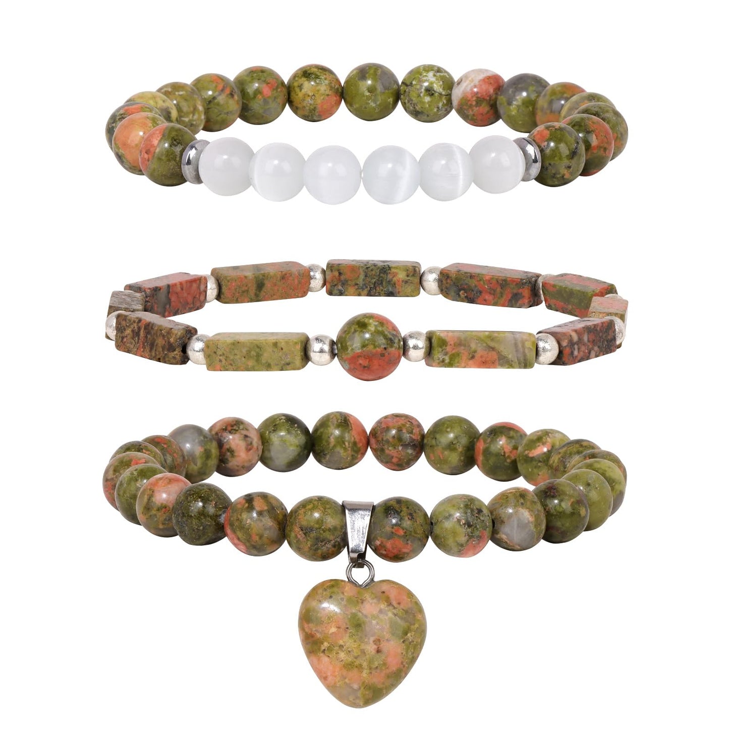 Vinswet Healing Crystal Beaded Bracelets for Women,Natural Amethyst Moonstone Gemstones Bracelet,Anxiety Stress Relief Heart Charm Bracelet Handmade purple Jewelry Gifts for Women (3pcs) (Unkaite&Moonstone)