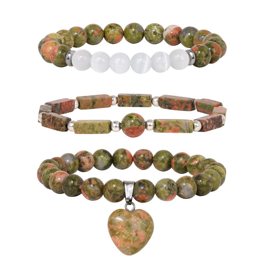 Vinswet Healing Crystal Beaded Bracelets for Women,Natural Amethyst Moonstone Gemstones Bracelet,Anxiety Stress Relief Heart Charm Bracelet Handmade purple Jewelry Gifts for Women (3pcs) (Unkaite&Moonstone)