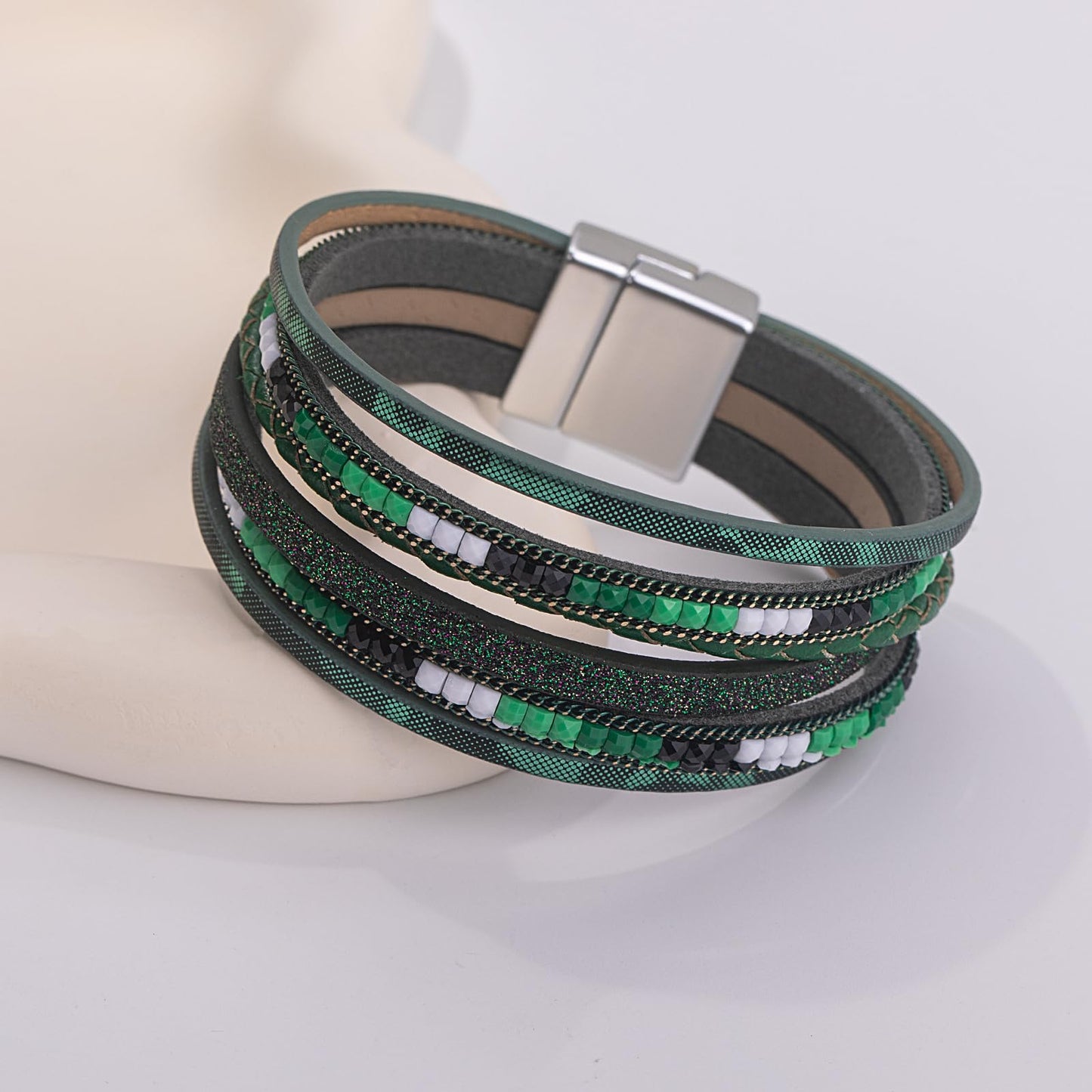 FANCY SHINY Boho Leather Wrap Bracelets Trendy Layered Bracelets with Magnetic Clasp Strackable Bohemian Cuff Jewelry Gifts for Women(Green)