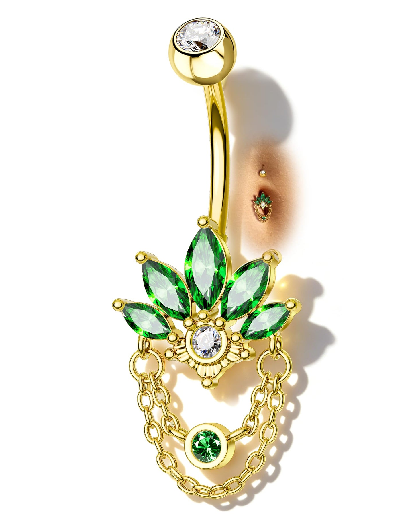 COCHARM Green Lotus Belly Button Rings, 14G 5A CZ Navel Rings for Women, Dangle Belly Navel Piercing Jewelry Stainless Steel