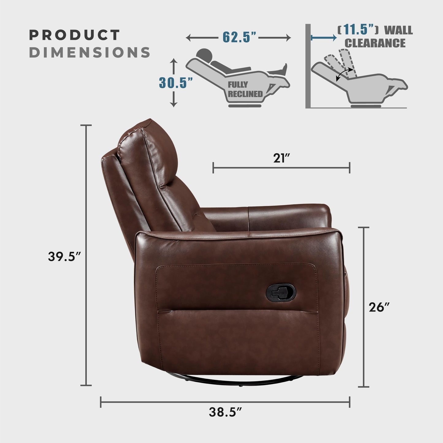 Lexicon Swivel Glider Reclining Chair, Top Grain Leather Match Manual Recliner, Comfy Nursery Glider Recliner, Swivel Reclining Chair for Living Room/Office/Bedroom/Apartment, Brown