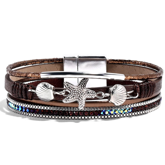 VIBILIA Boho Leather Wrap Bracelets for Women Shell starfish Multi-Layer Bracelets with Strong Clasp Jewelry for Women-Coffee
