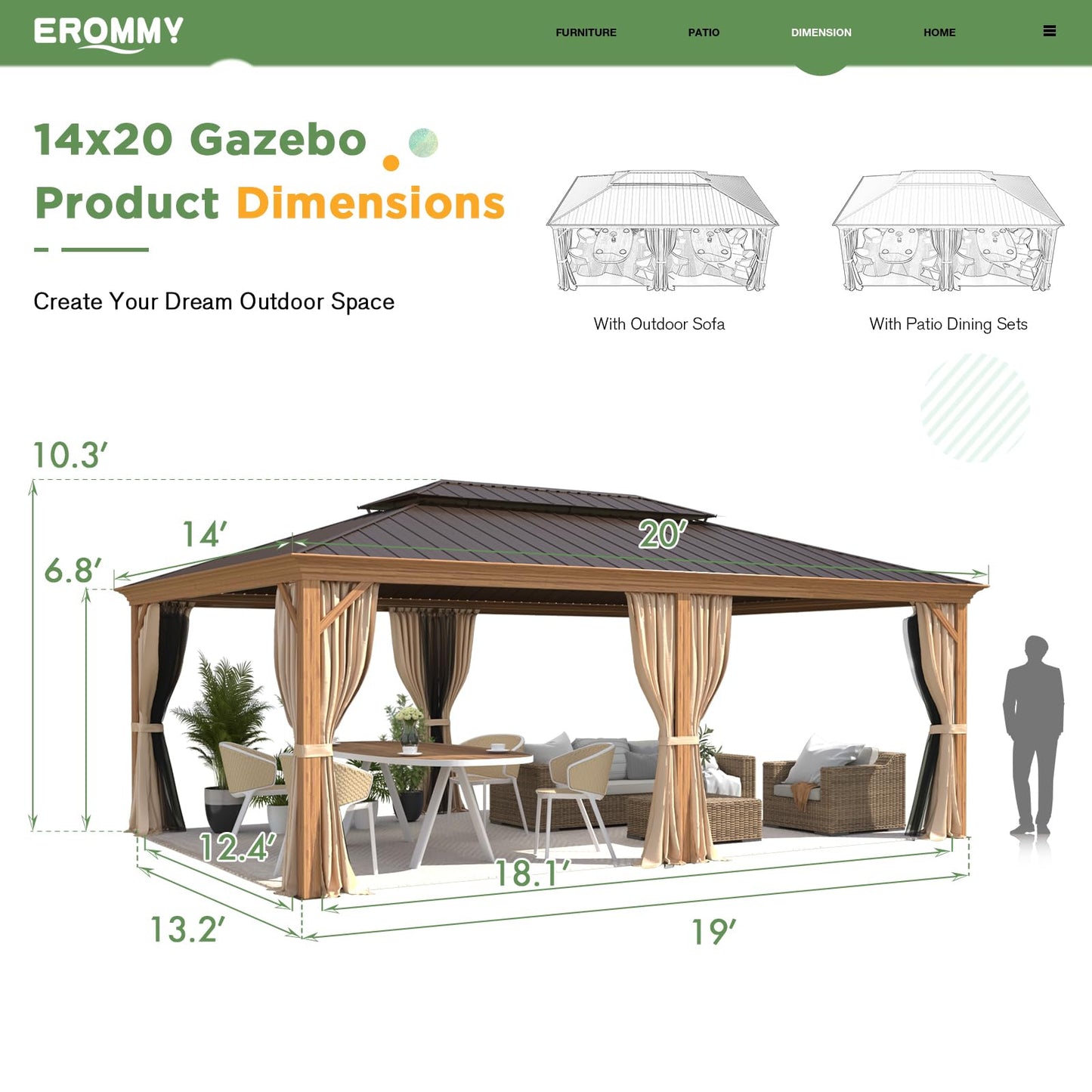 EROMMY 14'x20' Gazebo, Galvanized Steel Double Roof with Wood Grain Aluminum Frame, Outdoor Permanent Metal Pavilion with Curtains and Nettings for Patio, Backyard and Deck